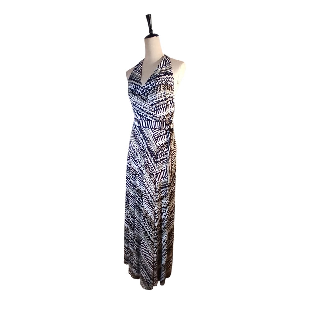 Halter Wrap Maxi Dress Slimming Geometric Print - Picture 2 of 8